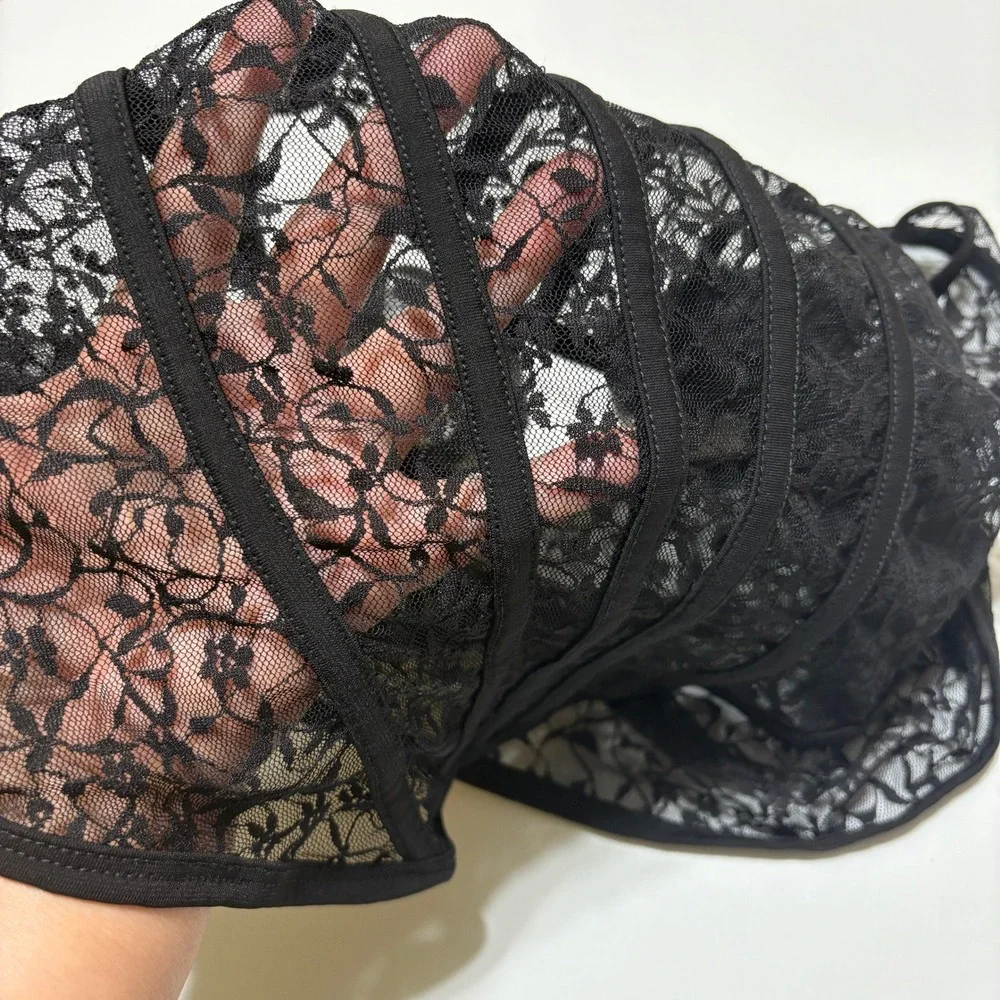 Womens Fairy Grunge Whimsigoth Sheer Floral Lace Corset Top Sz Medium Black Edgy